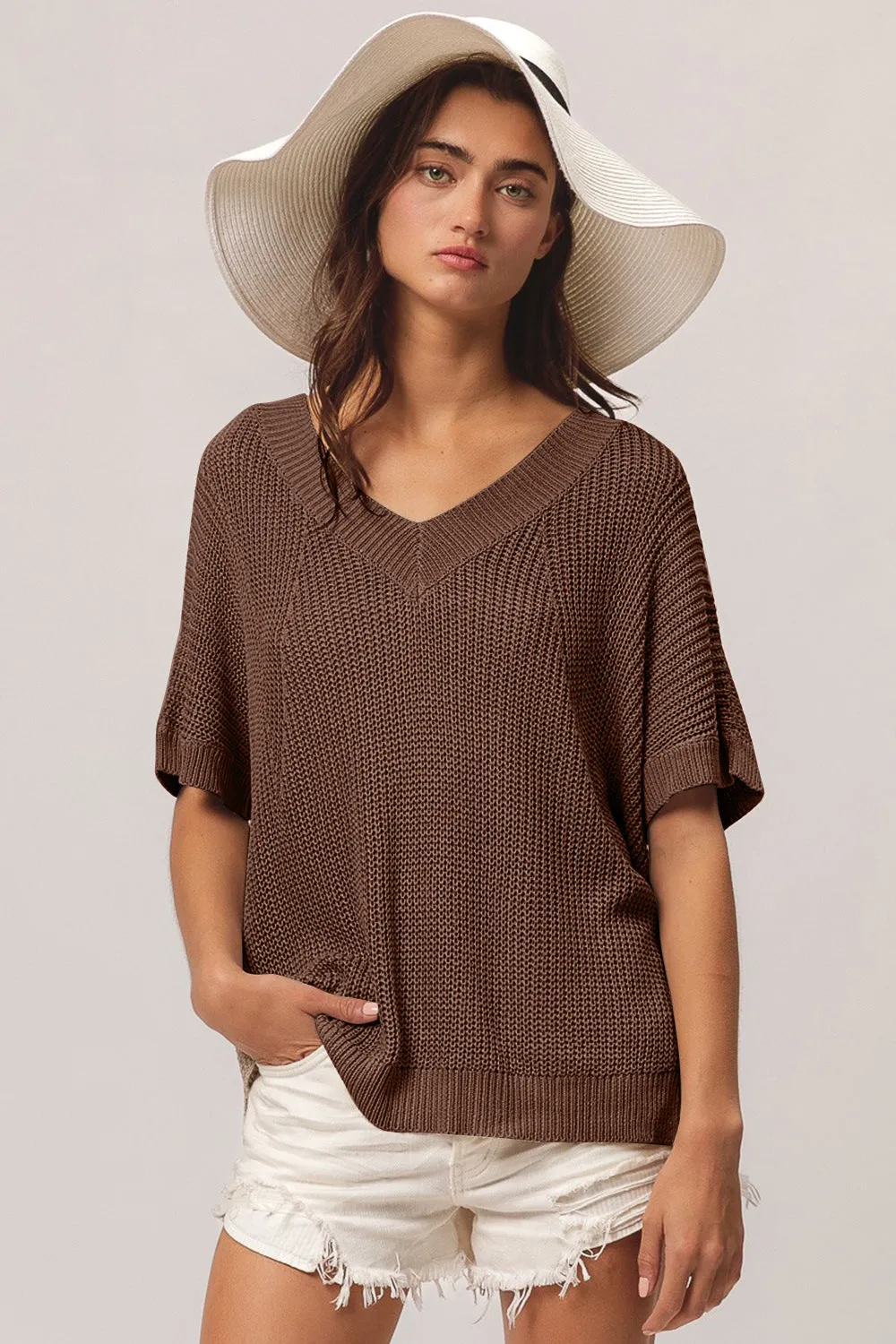 V-Neck Slit Short Sleeve Sweater