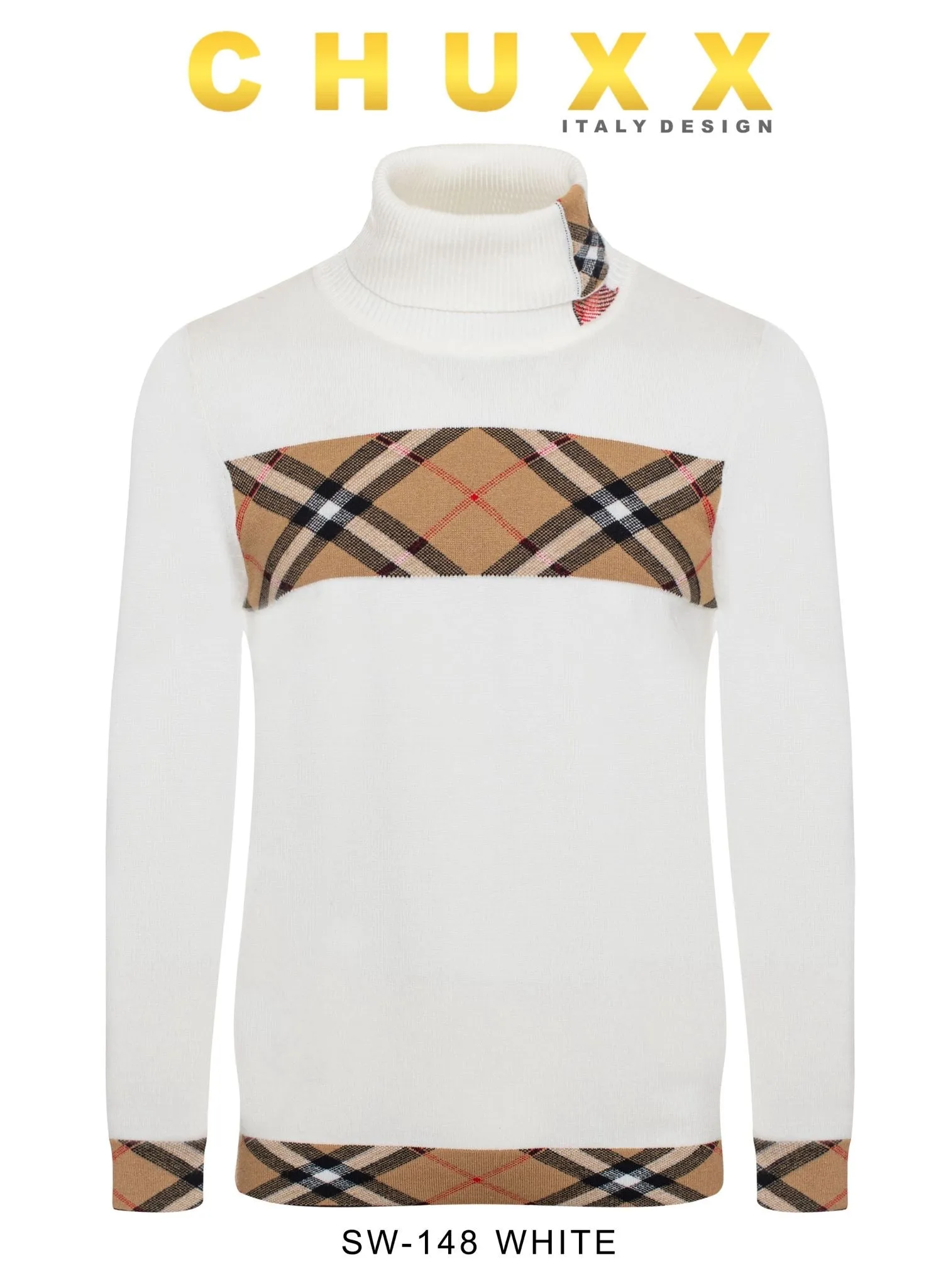 White and Beige Plaid Burb Design Men's Turtleneck Sweater Regular-Fit SW-148