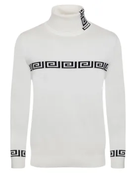 White Greek Key Italian Designer Men's Turtleneck Sweater Regular-Fit SW-146