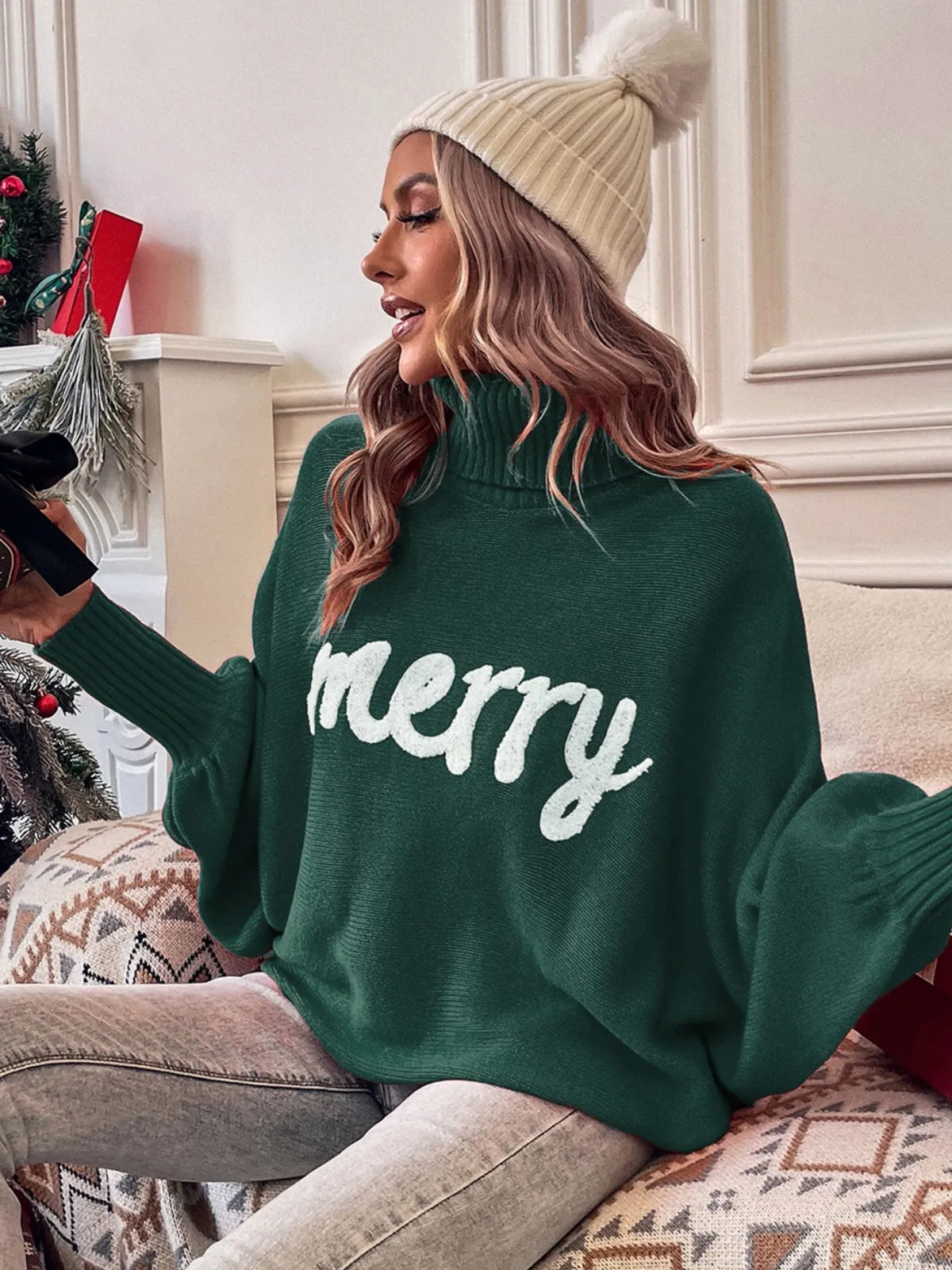 Womens Green Merry Embroidered Turtleneck Sweater