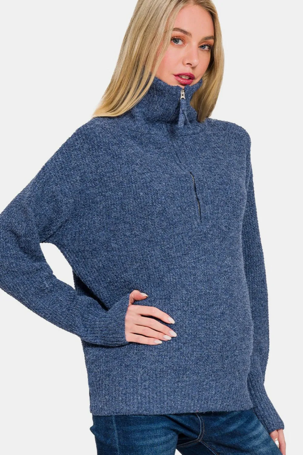 Zenana Knit Women Sweater Half Zip Collared Long Sleeve Navy Basic Pullover