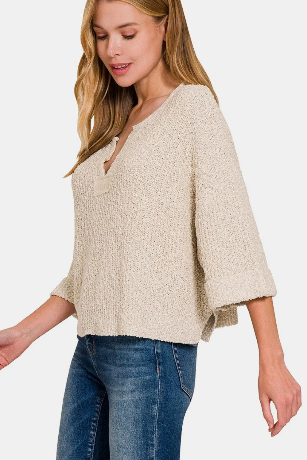 Zenana Sweater Notched Side Slit Patch 3/4 Sleeve